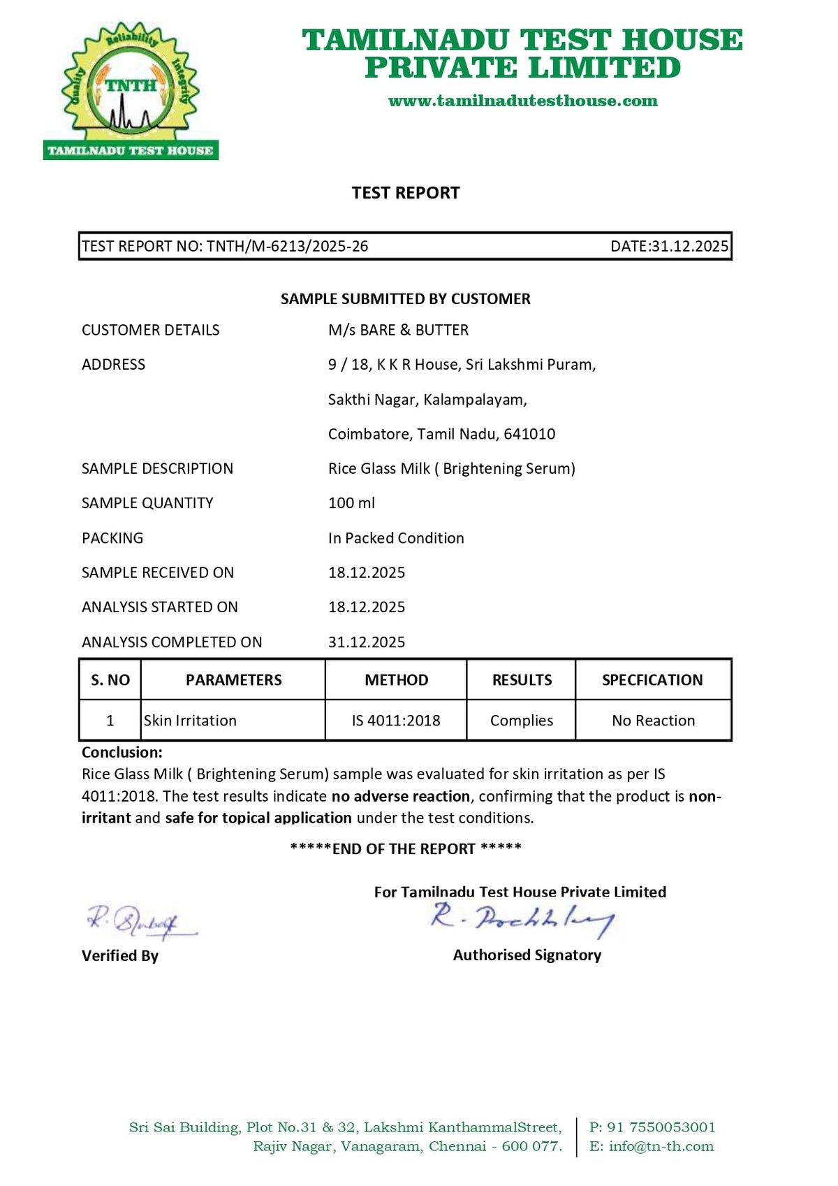 Dermatologically tested - Tamilnadu Test House skin irritation report (IS 4011:2018) for Indian Glass Milk Brightening Serum: non-irritant, no adverse reaction