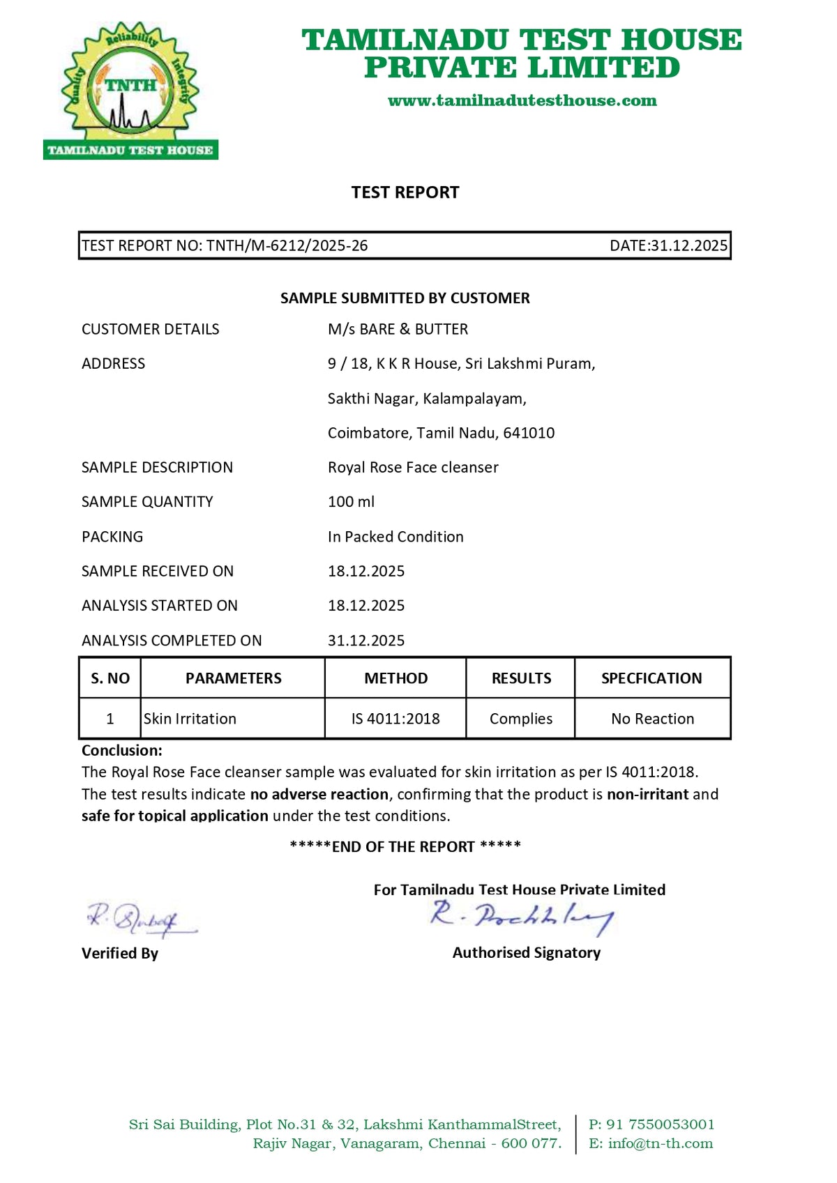 Tamilnadu Test House dermatological skin irritation test report for Royal Rose Face Cleanser - non-irritant, IS 4011:2018