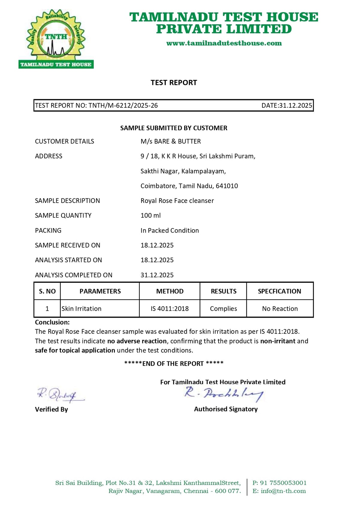 Dermatologically tested - Tamilnadu Test House skin irritation report (IS 4011:2018) for Royal Rose Face Cleanser: non-irritant, no adverse reaction