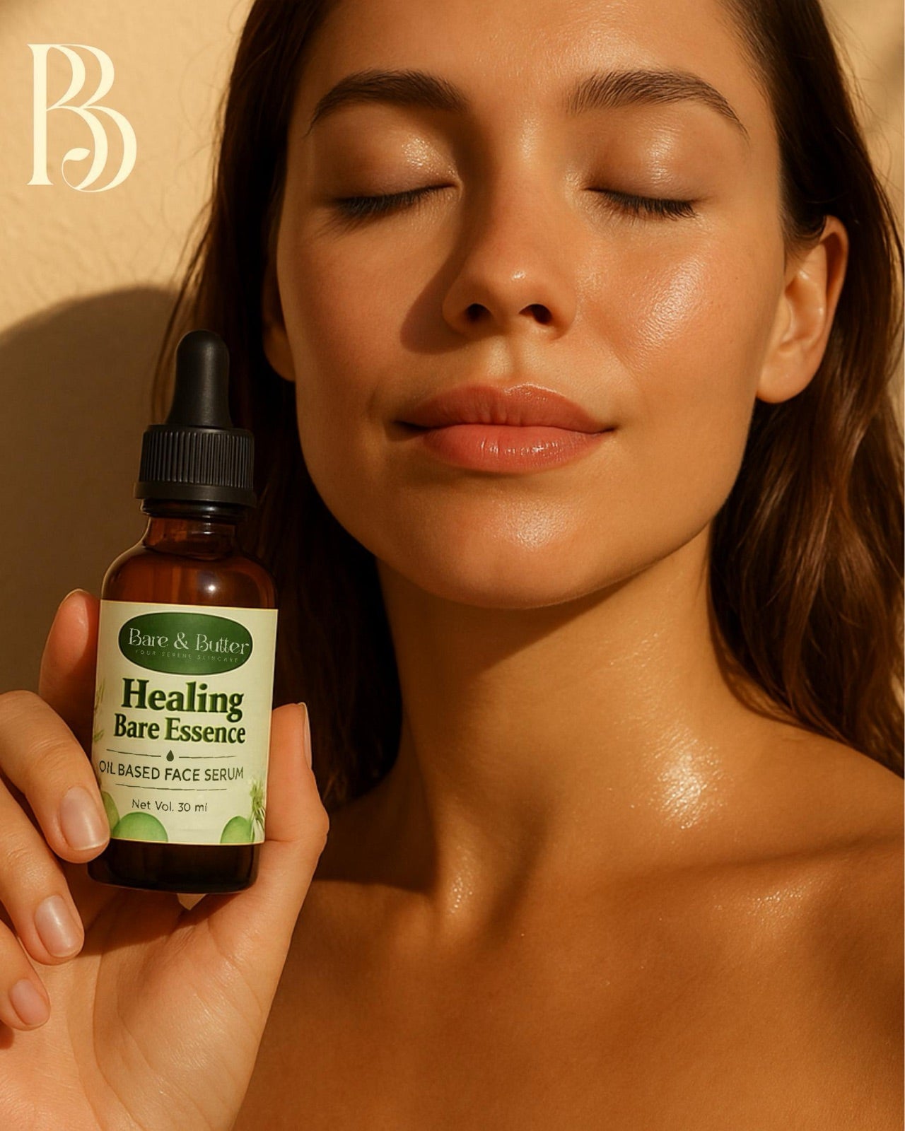 Model with radiant skin holding Healing Bare Essence face serum