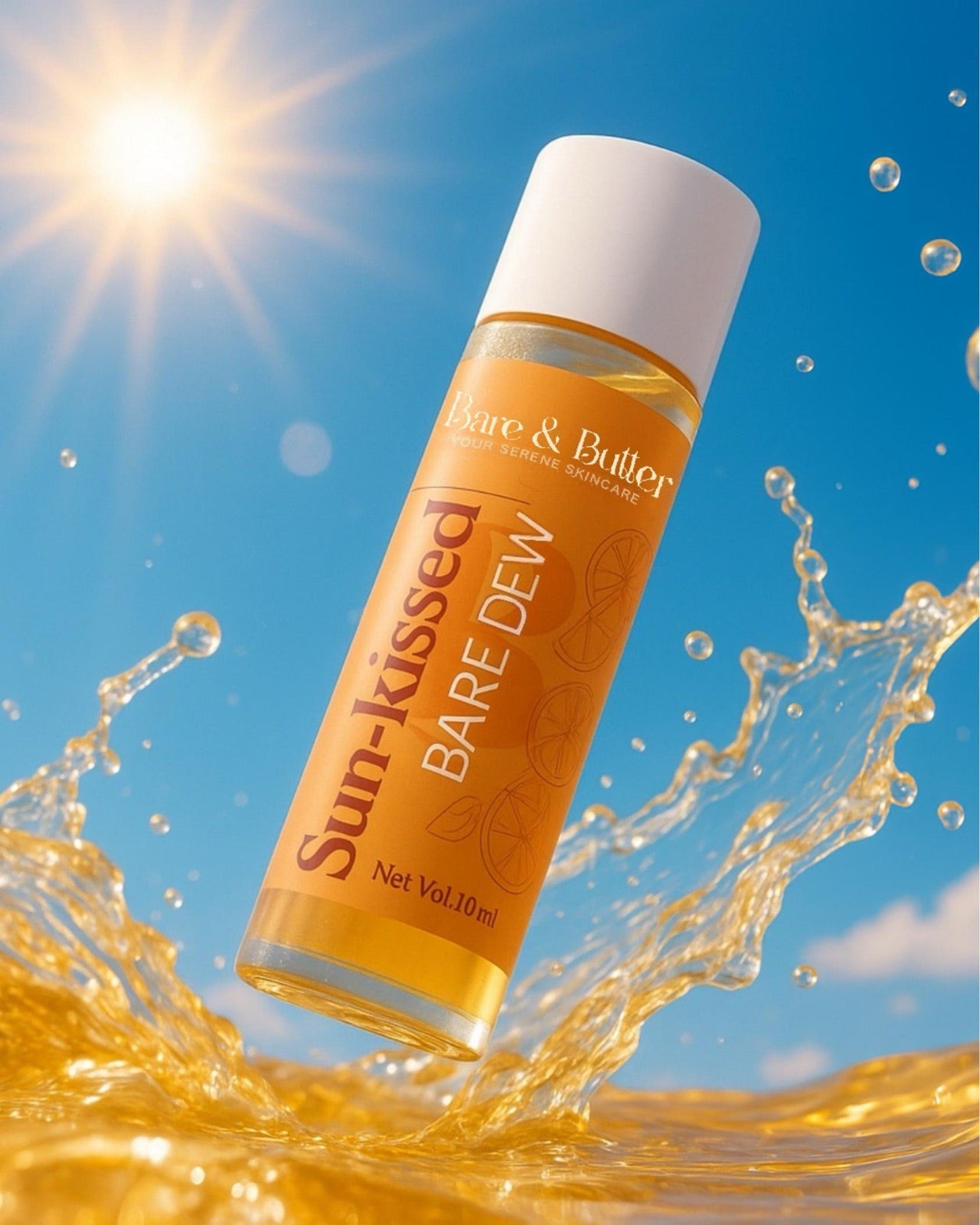 Sun-kissed Bare Dew lip oil in a golden water splash under the sun