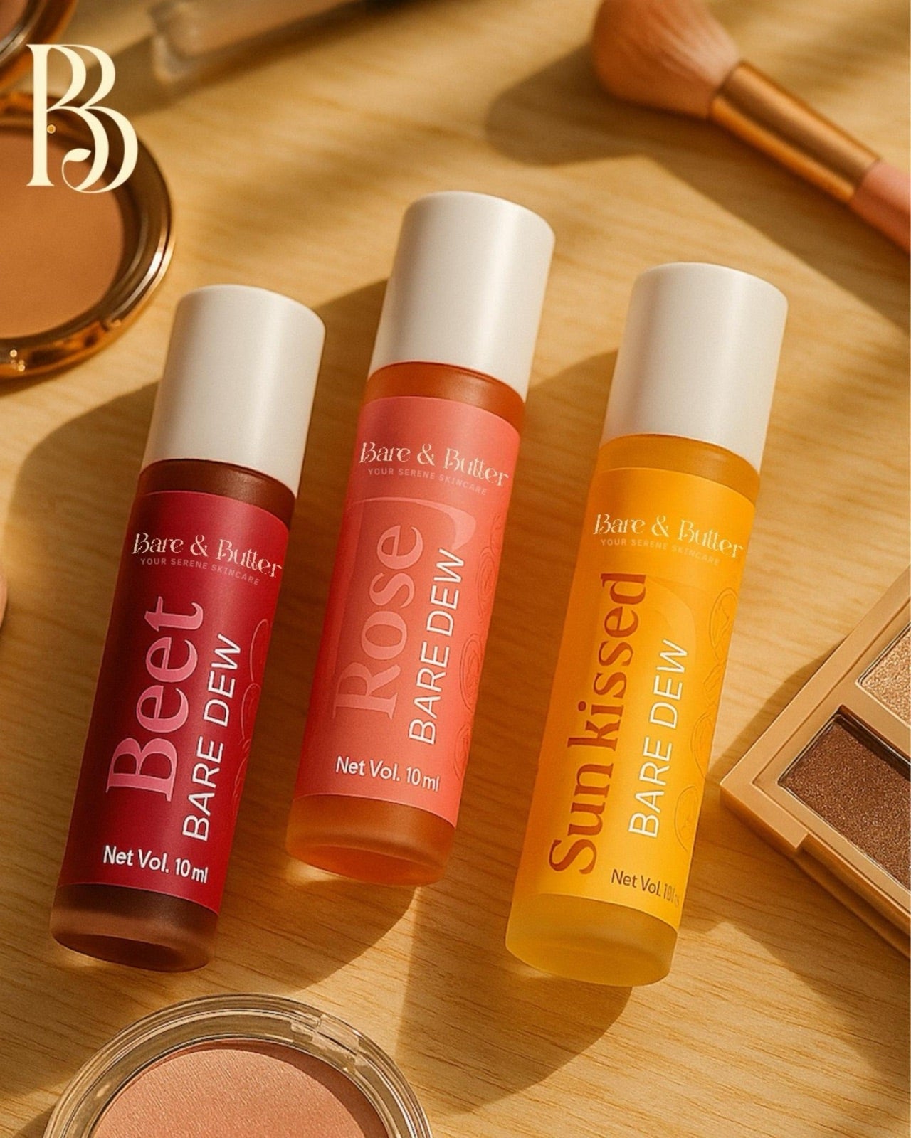 Bare Dew Lip Oil Trio flat-lay — Beet, Rose and Sun-kissed shades